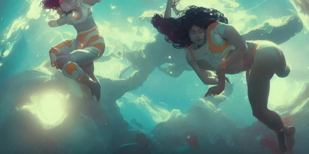 Image similar to dream woman of color astronaut, underwater in the ocean at night, atmospheric, volumetric lighting, glowing lights, 4k, octane, digital painting, artstation, concept art, sharp focus, illustration, art by artgerm and greg rutkowski and alphonse mucha