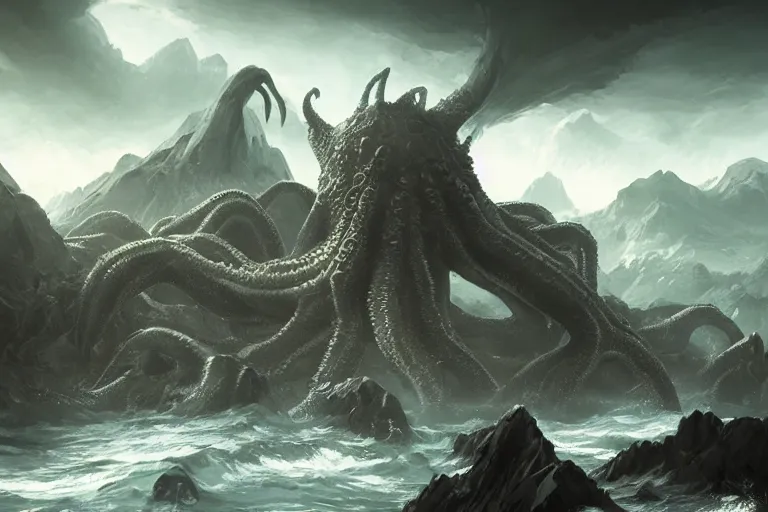 Image similar to giant Cthulhu, photorealistic, long shot, epic, horizon mountain over water by Andree Wallin