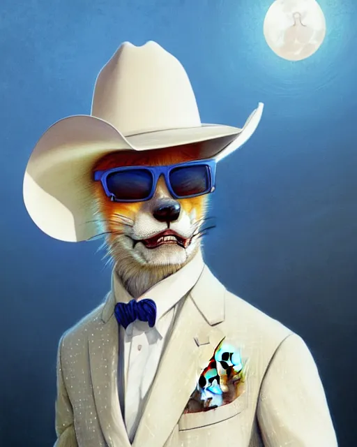 Prompt: anthropomorphic art of a fox wearing a white suit, white cowboy hat, and sunglasses, texas inspired clothing by artgerm, victo ngai, ryohei hase, artstation. highly detailed digital painting, smooth, global illumination, fantasy art by greg rutkowsky, karl spitzweg