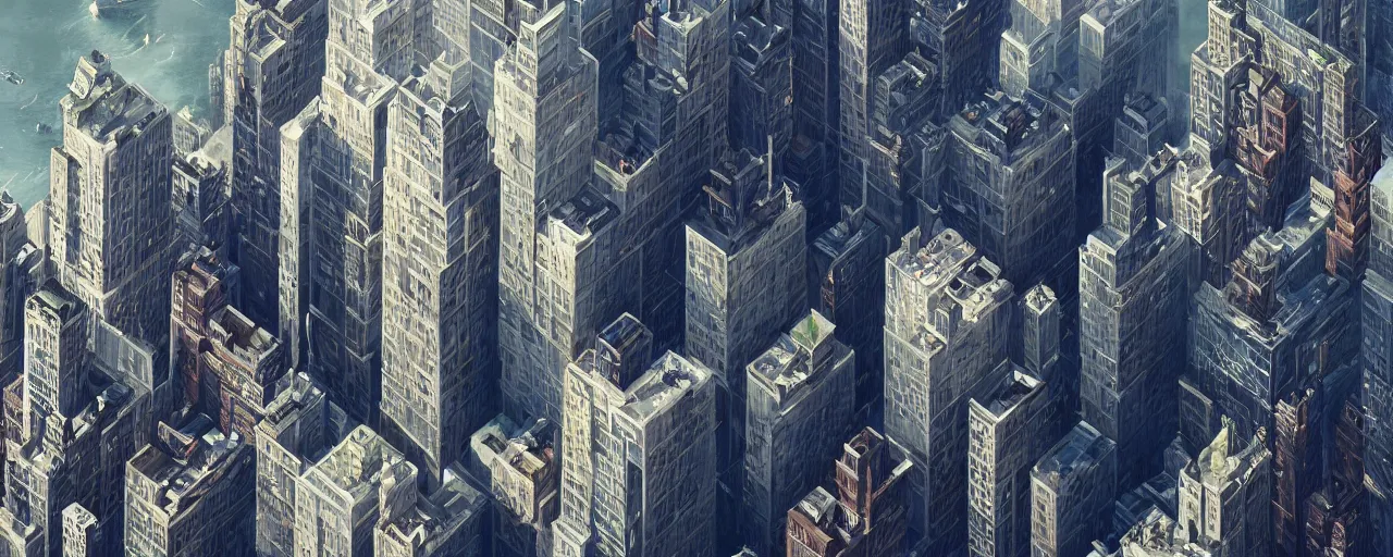 Image similar to new york city blocks. aerial. architecture. cinematic lighting. trending on artstation. cgsociety. art by greg rutkowski and william o'connor