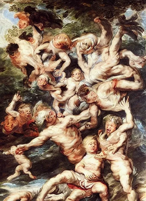 Image similar to ( ( ( ( ( painting, people falling off a playground, slide monkey bars, adventure playground, fall of the damned by peter paul rubens ) ) ) ) ) by peter paul rubens!!!!!!!