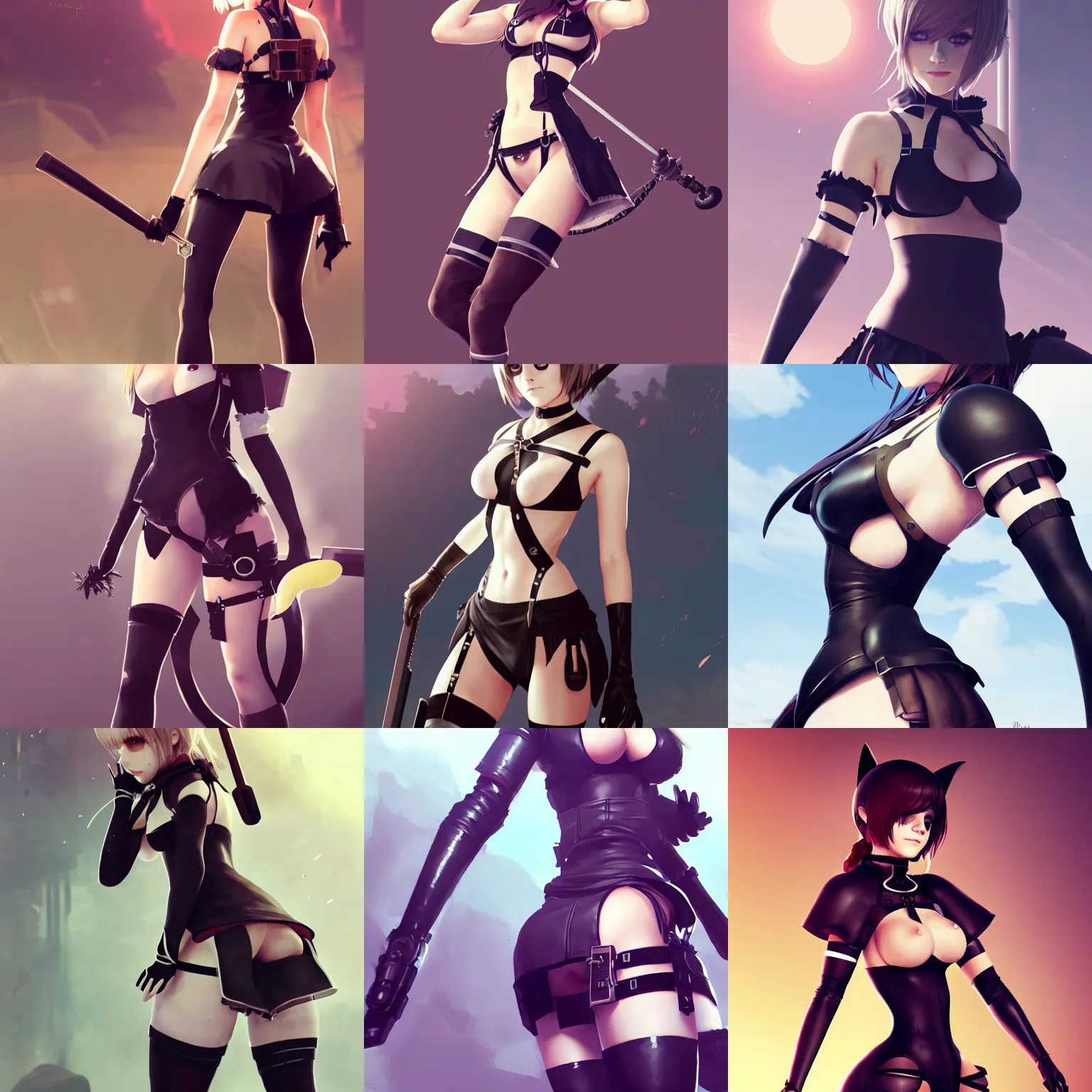 Prompt: attractive Emma Watson as 2B from Nier Automata and Yoko Littner , kneeling , cat ears , collar , hourglass slim figure , full body shot close up , seductive smile , details, sharp focus , illustration , by Jordan Grimmer and greg rutkowski , Trending artstation , pixiv , digital Art