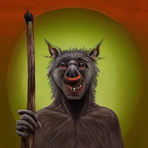 Image similar to “tall Goblin Bigfoot human hyena hybrid with a hyena face and mange holding a spear, jungle background, sickly, orange fur, realistic, nature photography”