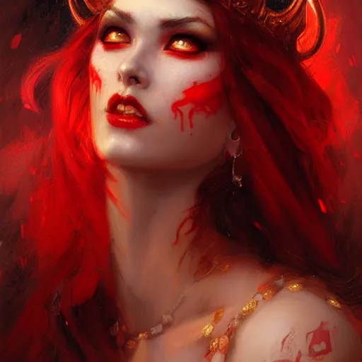 Prompt: attractive demon queen with red eyes painting by gaston bussiere, luis rollo, portrait, digital painting, highly detailed, artstation, sharp focus, illustration, concept art