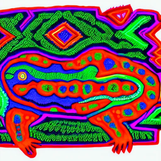 Prompt: Huichol art design of an axolotl, neon colors