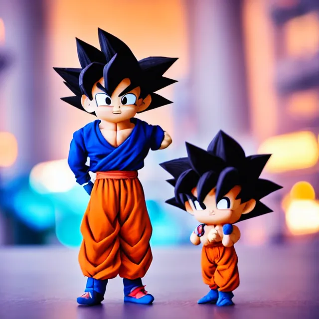 Image similar to goku chibi cute made of clay, full body, hyper detailed, 3 5 mm, f 1. 2, city background, bokeh