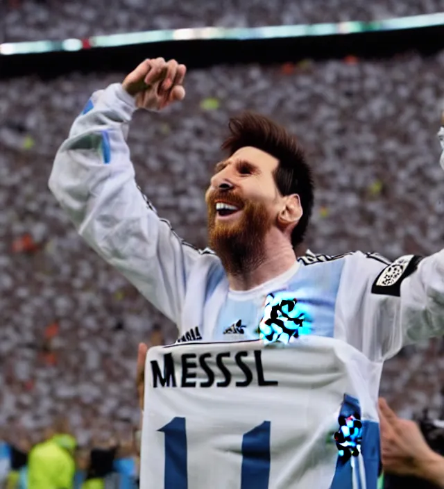 Image similar to an extremely happy lionel messi using real madrid shirt in santiago bernabeu stadium