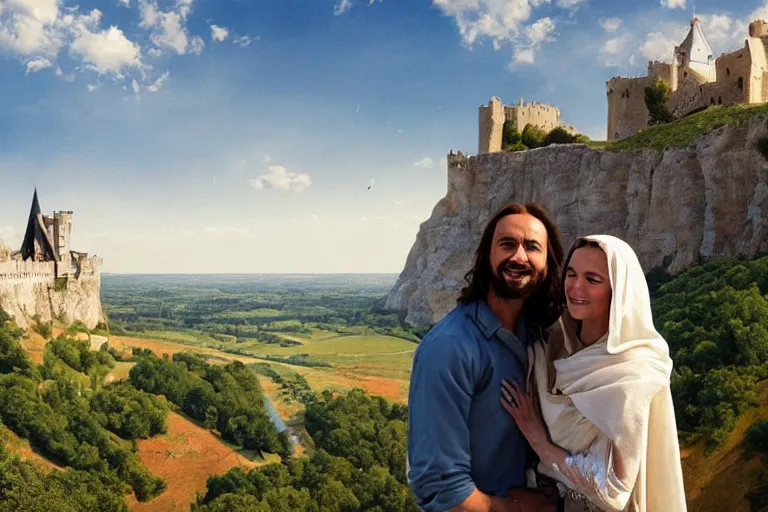 Prompt: selfie made by jesus and mary magdalene standing on a cliff looking over a beautiful landscape with castles in france, award winning photo, very detailed, very realistic