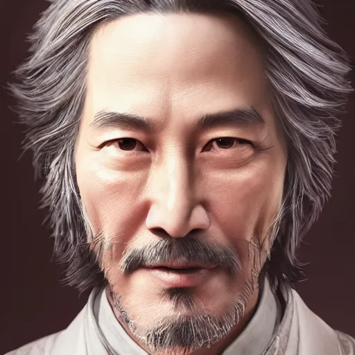 Prompt: portrait painting of a 6 0 year old kind handsome taoist priest ， looks like keanu reeves ， silver ponytail hair, amiable by yangjun chen, nadar, bright colors, octopath traveler, unreal engine 5 highly rendered, global illumination, radiant light, detailed and intricate environment