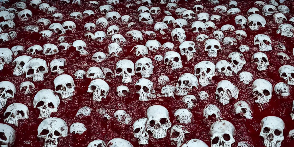 Image similar to a scary photo of a blood sea with skulls floating in it