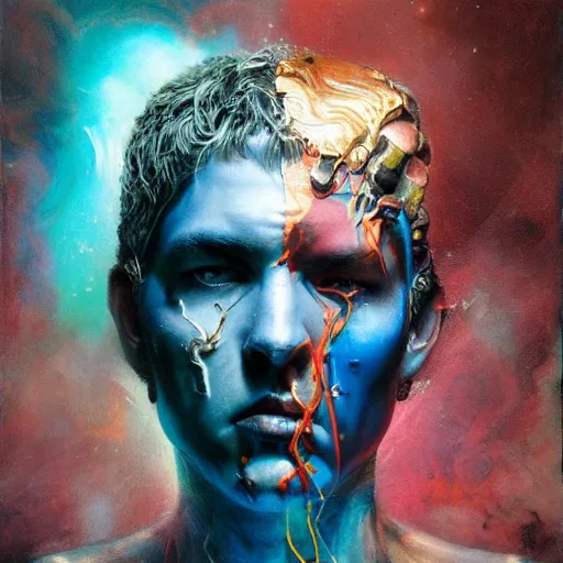 Image similar to dream portrait of Thor, cameras, melting ,8k,by tristan eaton,Stanley Artgermm,Tom Bagshaw,Greg Rutkowski,Carne Griffiths, Ayami Kojima, Beksinski, Giger,trending on DeviantArt,face enhance,hyper detailed,minimalist,cybernetic, android, blade runner,full of colour W 1024