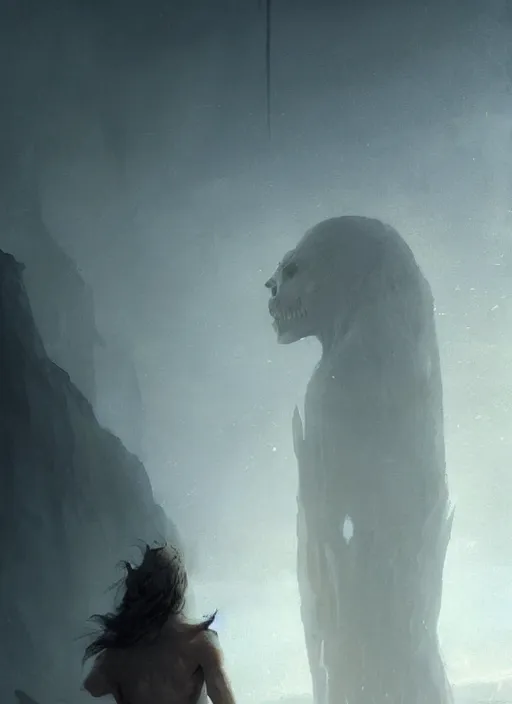 Image similar to a beautiful terrifying pale humanoid giant looms over a tiny human. ethereal fantasy art by greg rutkowski