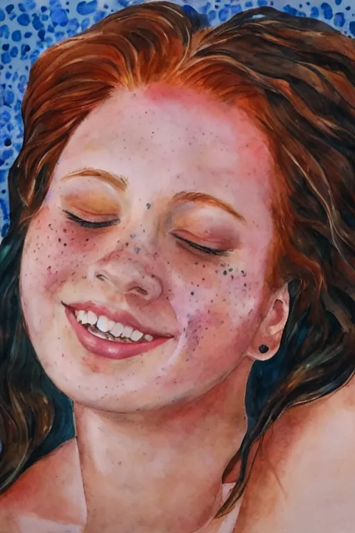 Image similar to portrait of a young beautiful auburn woman, closing her eyes, smiling, aquarelle, realistic painting, freckles, 1 / 4 headshot