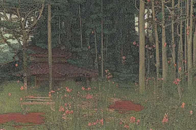 Prompt: a serene landscape by Ivan Bilibin and Zhang Kechun