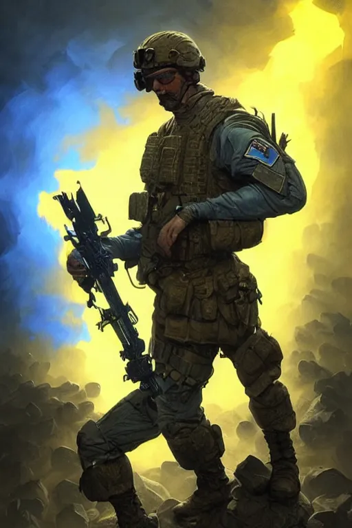 Image similar to special forces soldier with ukrainian blue yellow flag standing on a pile of skulls as a winner, masculine figure, d & d, fantasy, bright atmosphere, volumetric lights, intricate, elegant, extremely detailed, digital painting, artstation, concept art, matte, smooth, sharp focus, hyper realistic, illustration, art by artgerm and greg rutkowski and alphonse mucha