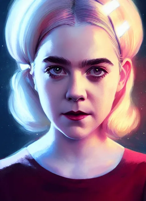 Image similar to portrait of kiernan shipka as sabrina spellman, white hair, 6 0 s hairstyle, hairband, intricate, elegant, glowing lights, highly detailed, digital painting, artstation, concept art, smooth, sharp focus, illustration, art by wlop, mars ravelo and greg rutkowski