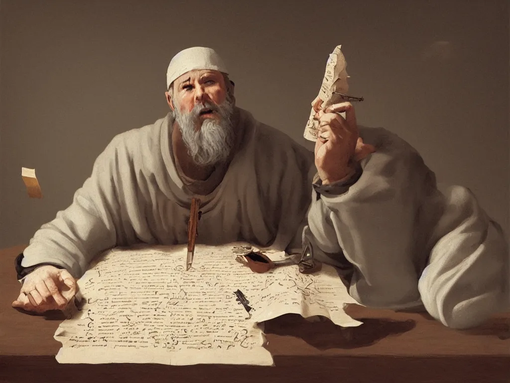 Image similar to saint augustine, furiously scribbling his confessions onto a stack of parchment with a quill, by goro fujita, trending on artstation, 8k, highly detailed, digital graphic art