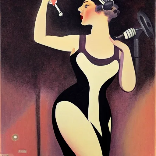 Image similar to art deco painting of a sultry young woman singing jazz in a club, style of norman rockwell, album art