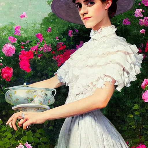 Image similar to on textured canvas full body fashion model emma watson by Winslow Homer smokey eyes makeup eye shadow fantasy, glow, shimmer as victorian woman in a long white frilly lace dress and a large white hat having tea in a sunroom filled with flowers, roses and lush fern flowers ,intricate, night, highly detailed, dramatic lighting , high quality