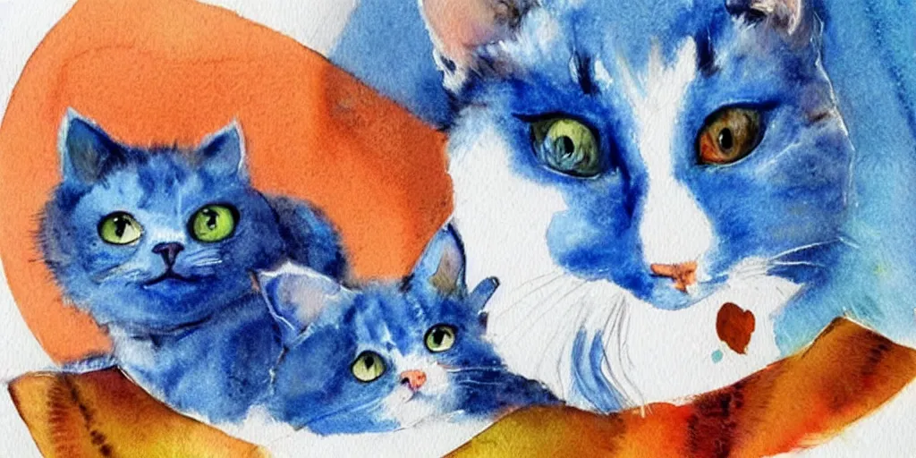 Image similar to watercolor illustration style, cute! cats! with blue wings!!