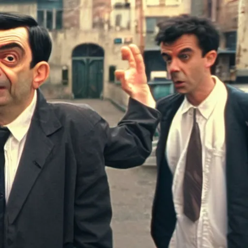 Image similar to Mr Bean in the Matrix, bullet time, cinematic, film clip