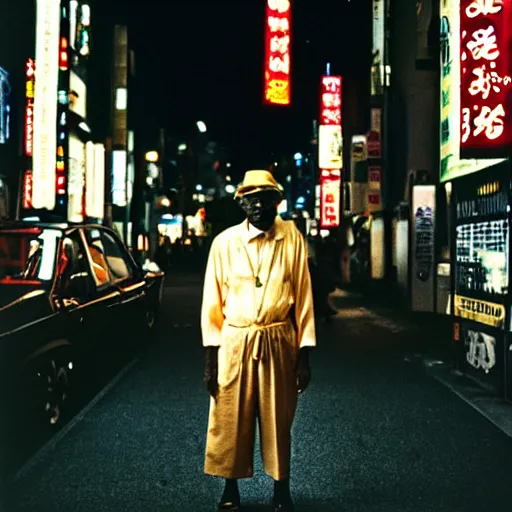 Image similar to old black man in tokyo at night, wearing gold chain, gold rings, cinestill 8 0 0,