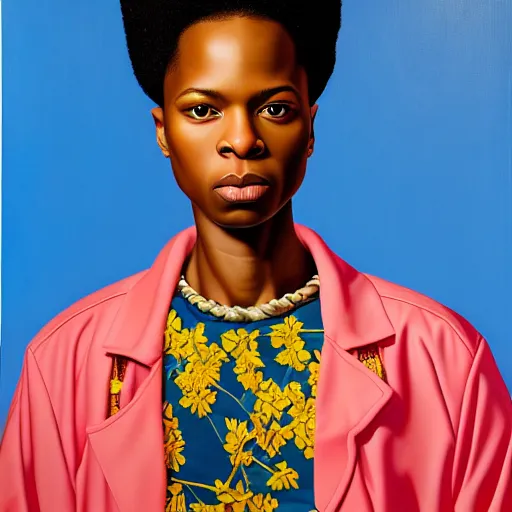 Image similar to A portrait of a scrawny stylish and beautiful non-binary person, oil painting by Kehinde Wiley, majestic, detailed, high resolution