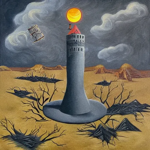 Image similar to the weirdest Wizard and his quest to topple the wicked tower, surrealist landscape painting