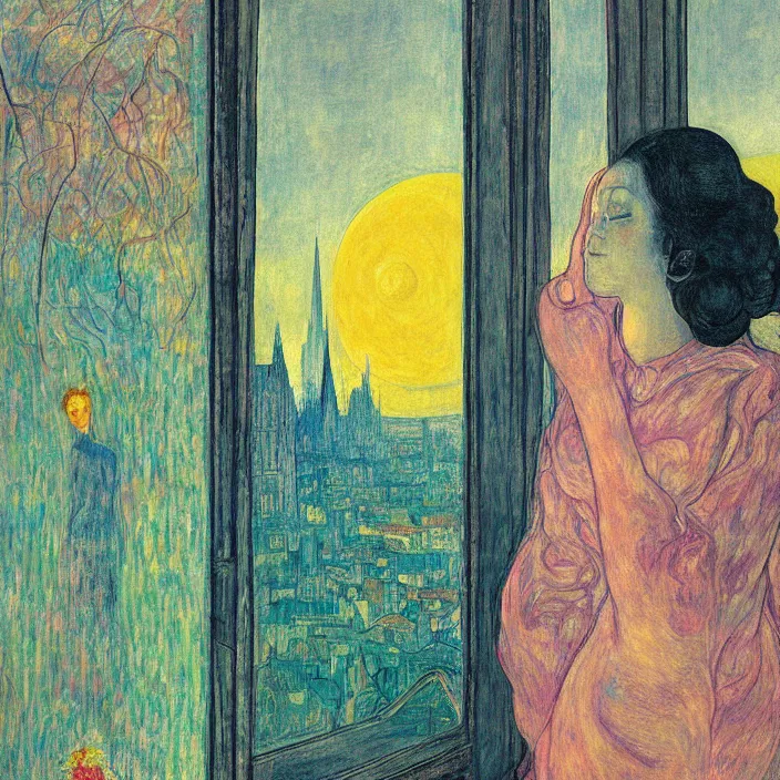 Image similar to close portrait of woman in transparent vaporous night gown washing her feet with cat and aloe vera, with city with gothic cathedral seen from a window frame with curtains. sun setting through the clouds, vivid iridescent psychedelic colors. agnes pelton, egon schiele, munch, henri de toulouse - lautrec, utamaro, monet