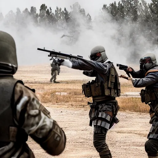 Image similar to modern mercenaries wearing grey body armor smoking shooting at hostiles in the midst of a bloody battle, photo by Adam Ferguson in 2022, Pulitzer Winning, cinematic composition, breathtaking, modern, 2022