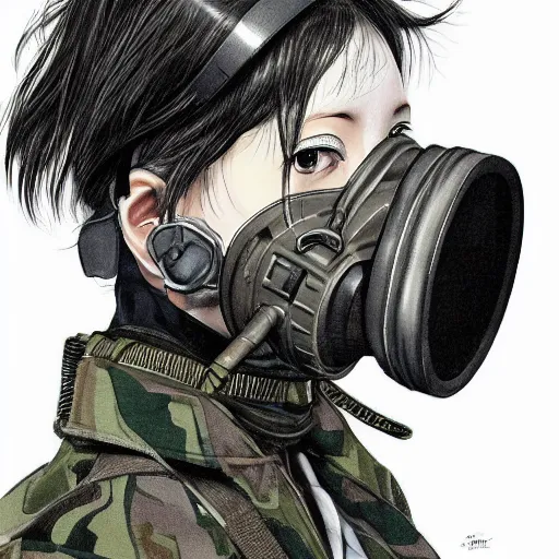 Image similar to girl silver hair, multicam, gas mask, illustration by Takehiko Inoue, portrait