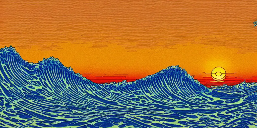 Image similar to Beautiful Impressionistic painting of an aesthetically pleasing, dynamic, energetic, lively, complex, intricate, detailed, well-designed digital art of a beach, ripples, waves, sea foam, and sunset. light and shadow, overlaid with aizome patterns, Shin-hanga style by Ohara Koson and Makoto Shinkai, traditional Japanese colors, superior quality, masterpiece, featured, trending, award winning, HDR, HD, UHD, 4K, 8K, anamorphic widescreen, cinematic, super high quality art, excellent use of negative space.