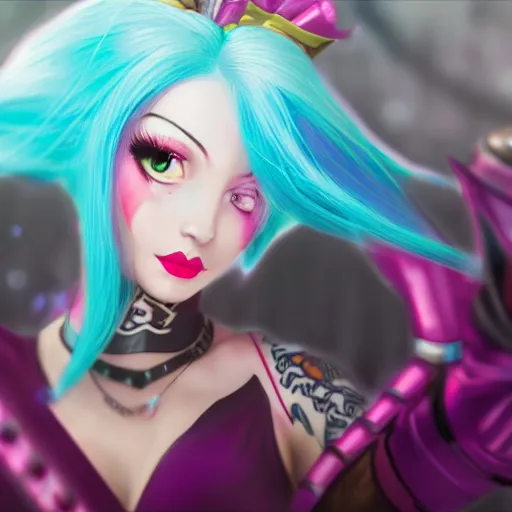 Image similar to jinx from league of legends portrait, cinematic