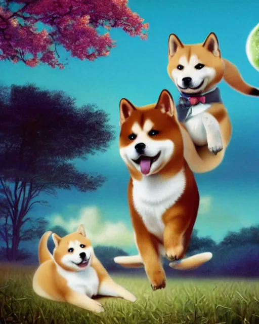 Image similar to shiba inu bites frisbee ， painting photoshop by mark ryden and pixar and hayao miyazaki, 8 k