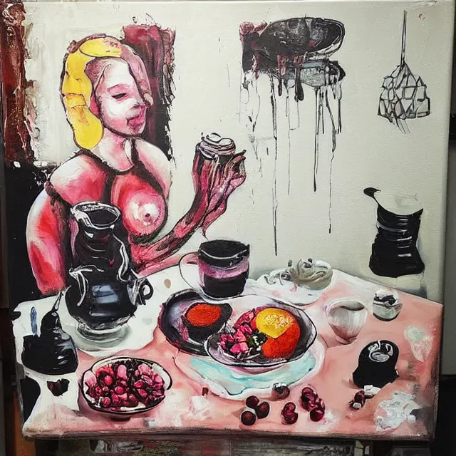 Image similar to “ a portrait in a female art student ’ s apartment, sensual, a pig theme, pork, pottery supplies, pottery work in progress, a candle dripping white wax, pottery glaze, squashed berries, berry juice drips, acrylic and spray paint and oilstick on canvas, surrealism, neoexpressionism ”