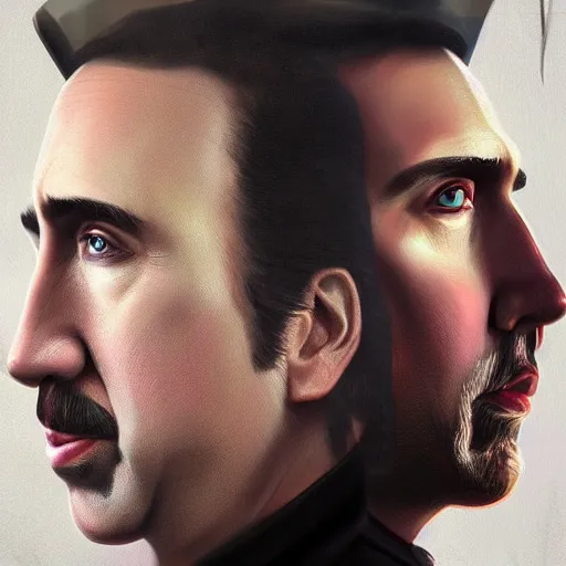 Image similar to nicholas cage, a fine art painting, Patrick Brown, trending on cgsociety, artstation, american realism, 2d game art, photo illustration, daz3d, official art,