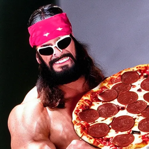 Prompt: macho man randy savage rubbing pizza over his muscled chest