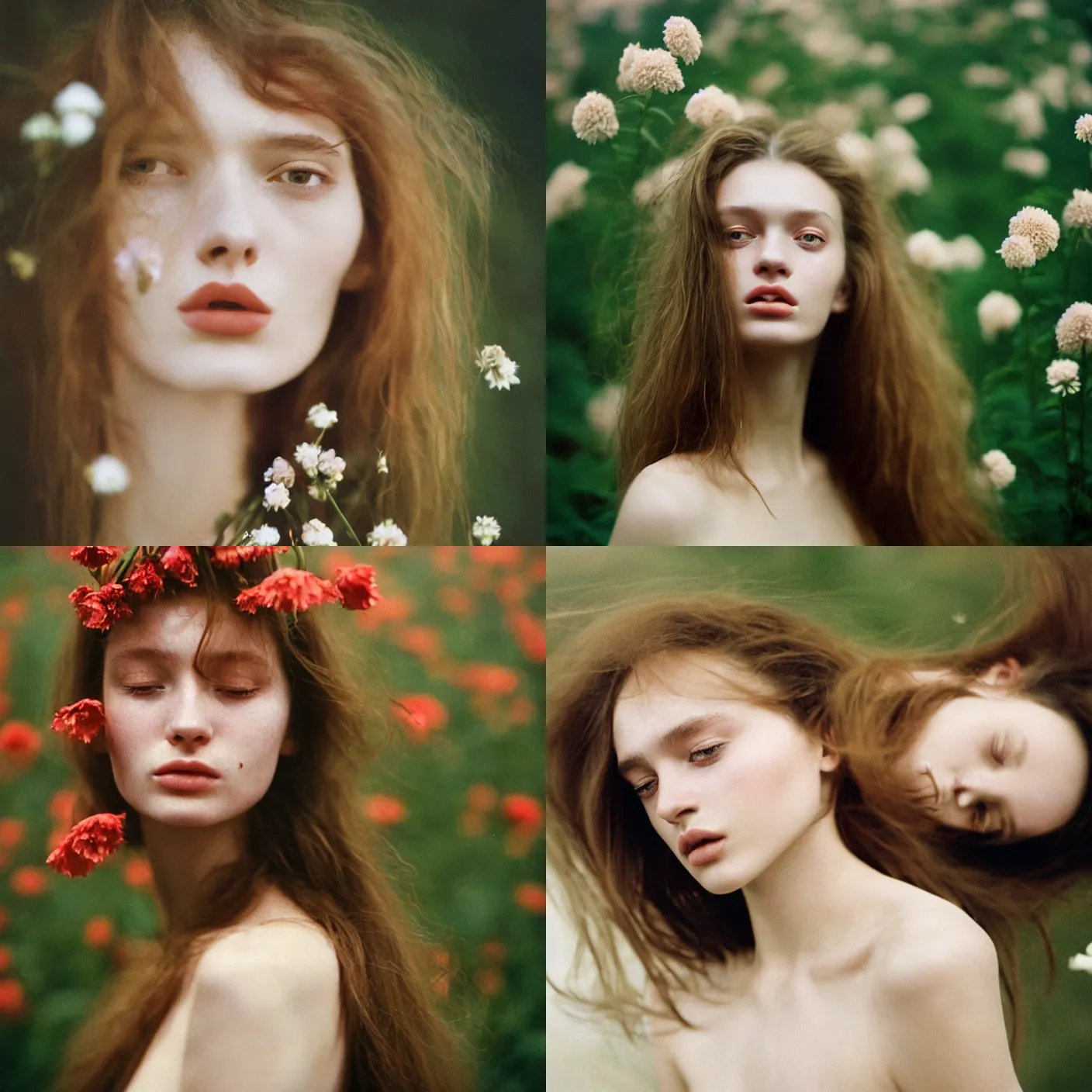 Prompt: An analog head and shoulder frontal face photography of a Caucasian woman surrounded by big!!!!!!! flowers by Marta Bevacqua. Vogue. Long hair. closed eyes. Kodak Portra 800 film. Depth of field. whirl bokeh. Sunshine. detailed. hq. realistic. warm light. muted colors. Moody. Filmic. Dreamy. lens flare. Leica M9, f/1.2, symmetrical balance, in-frame