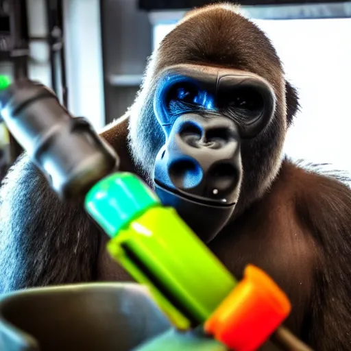 Image similar to high quality photo of A gorilla wearing a world war 2 gas mask in a lab with neon lights, realism, 8k, award winning photo