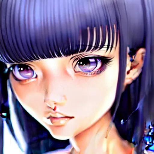 Prompt: depicting an extreme close up face of a dainty young truant female stoner prep highschool school student with medium length silky straight iridescent black hair and lightly suntanned skin, illustrated by Artgerm and Range Murata.