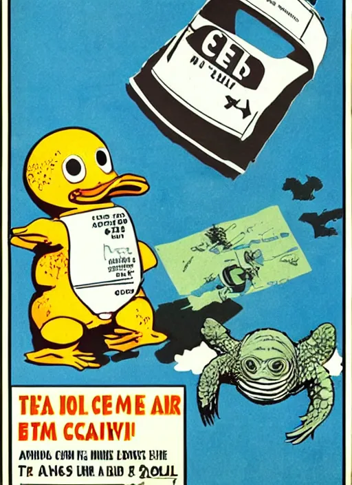 Image similar to cold war civil defense poster teaching survival secrets for atomic attacks, duck and cover with bert the turtle,