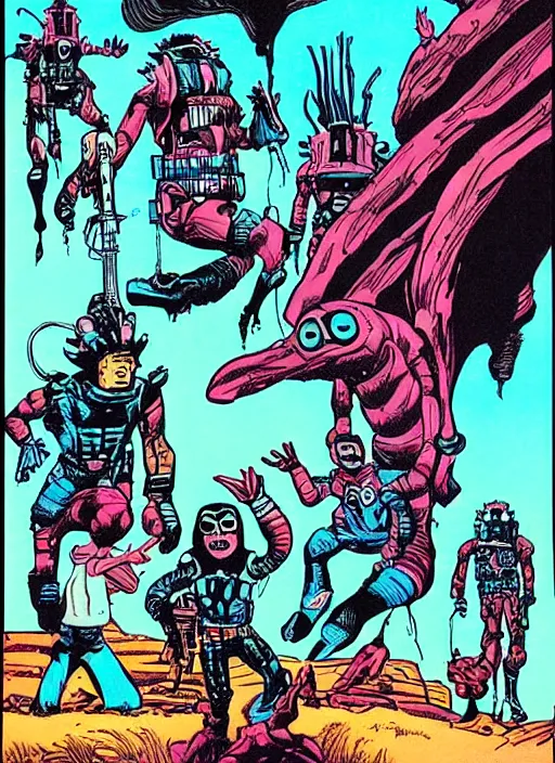 Image similar to comic book drawing of aliens at the grand canyon by jack kirby!!! and gris grimly, cinematic, epic, awesome bright color palette, hard contrast, black ink outlines