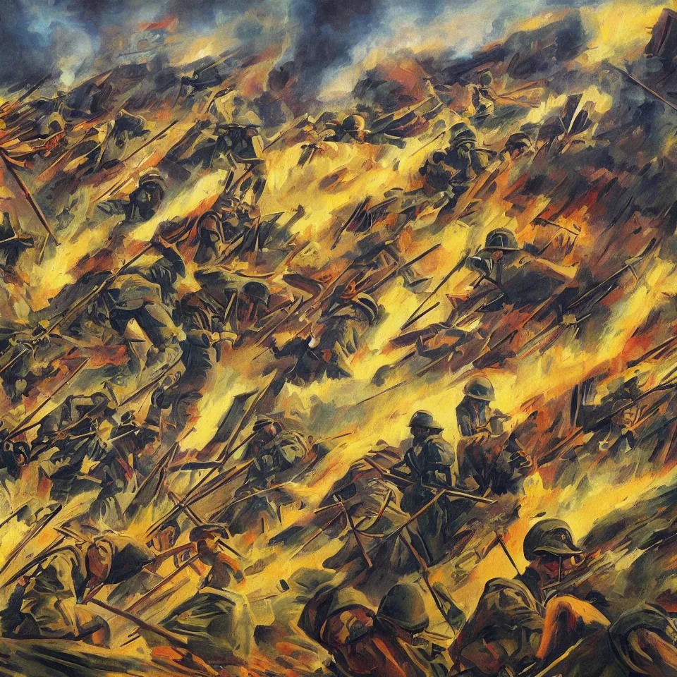 Prompt: wwi battlefield painting in the style of futurism