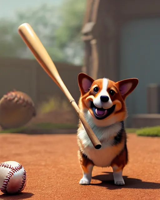 Prompt: weta disney pixar movie still photo of funny corgi with baseball bat : : dog by pixar : : by weta, greg rutkowski, wlop, ilya kuvshinov, rossdraws, artgerm, marvel, maxim cover, latex, octane render, sweaty, iridescent, bright morning, anime, liosh, mucha : :