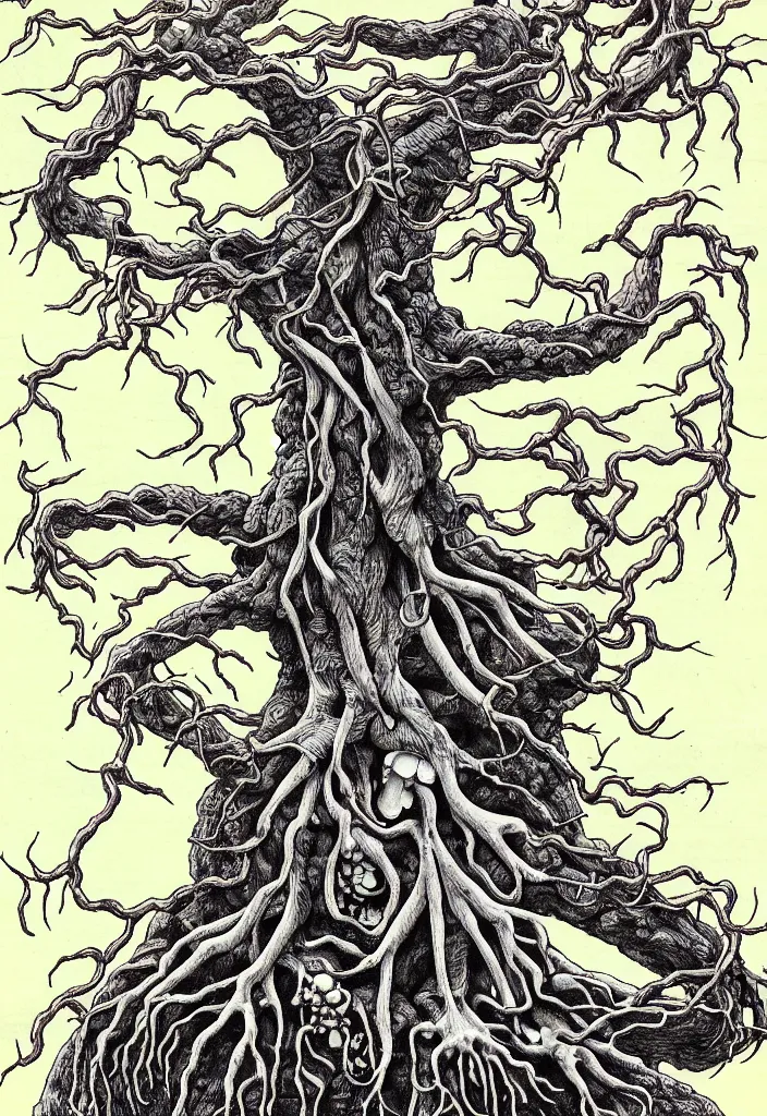 Prompt: prompt: anatomy dissection drawing of magical white skeleton Bonsai tree squid creature roots merging into big moon drawn by Takato Yamamoto, bonsai skeleton anatomy atlas, veins and organs attached to tree roots, alchemical objects inspired by 1980's sci-ci, intricate oil painting detail, manga 1980