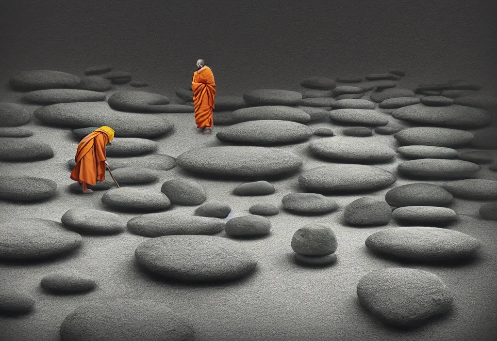 Image similar to portrait of a lone monk raking stones in a beautiful serene zen garden kyoto, japan, a collage painting, in the style of wes anderson, lola dupre, david hockney, isolated on negative white space background dark monochrome fluorescent neon spraypaint accents volumetric octane render