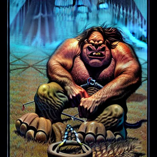 Image similar to Fantasy illustration by Clyde Caldwell The ogre snores in its sleep, its head bobbing from side to side. You reach down to the belt at its waist and feel for the ring of keys hanging from it.