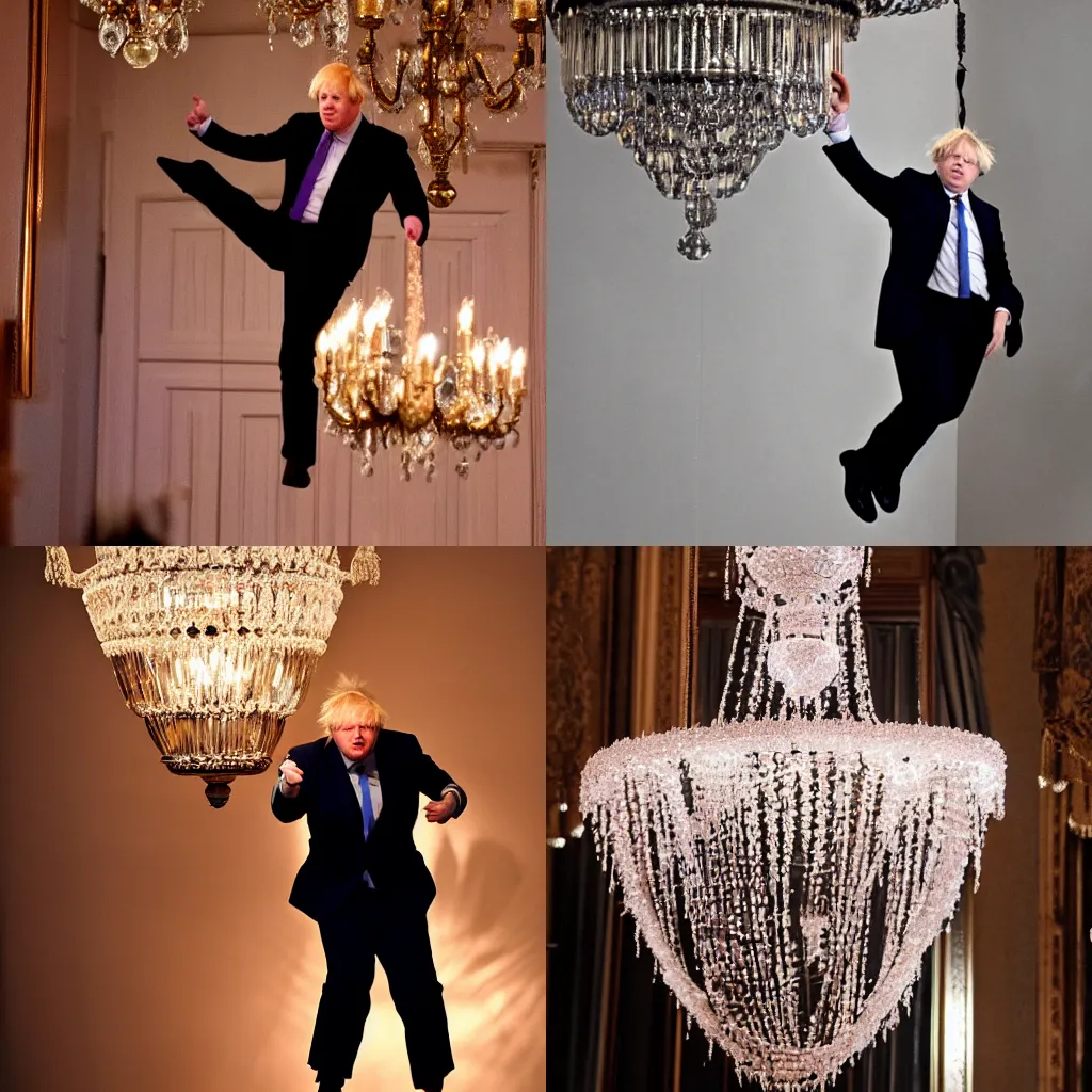 Prompt: Boris Johnson hanging from a chandelier, paparazzi photo, high quality