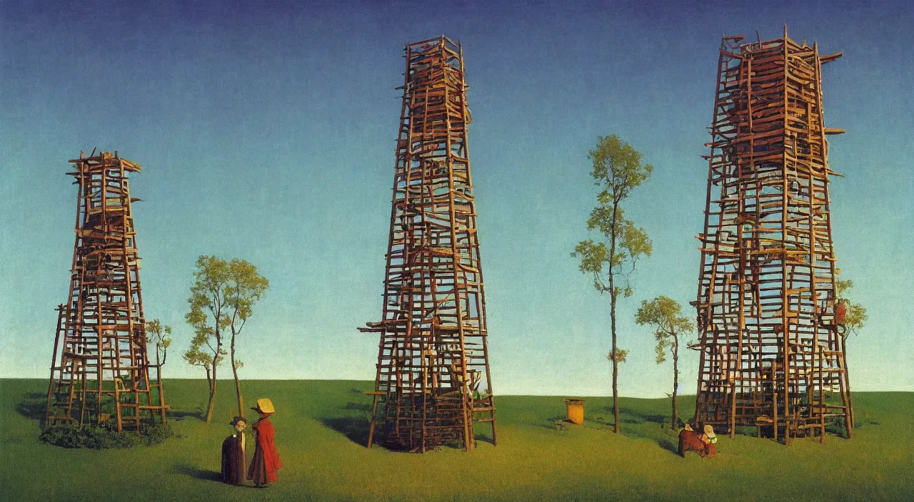 Prompt: single flooded simple wooden birch tower, very coherent and colorful high contrast!! masterpiece by rene magritte simon stalenhag carl spitzweg syd mead norman rockwell edward hopper james gilleard, minimalist, dark shadows, sunny day, hard lighting