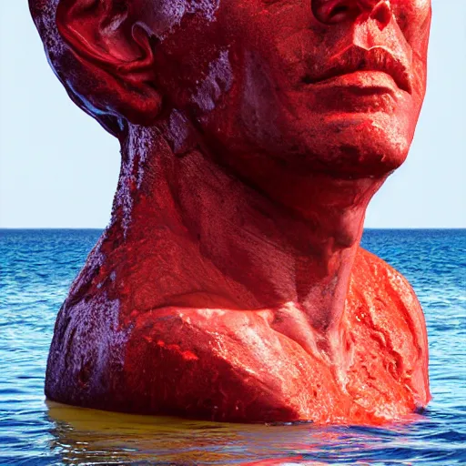 Image similar to a giant human head sculpture in the sea made out of juicy red jelly, in the style of chad knight, long shot, hyper detailed, hyper realistic, ray tracing, 8 k resolution, sharp focus, realistic water, award winning